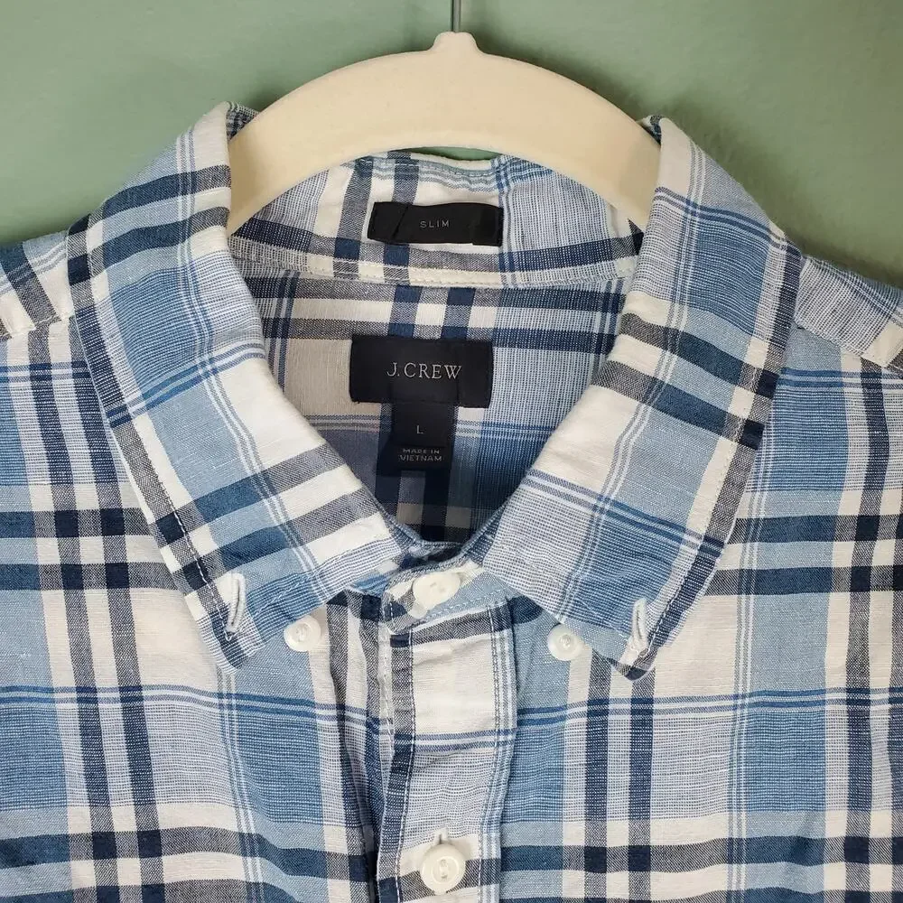 J. Crew Slim End-On-End Linen Blend Plaid Long Sleeve Button Down Shirt Sz Large